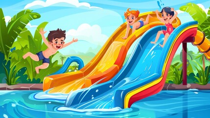 An inflatable ring amusement ride and plastic pipeline in a public playground resort. Cartoon background showing a boy on a water slide and a girl in the pool.