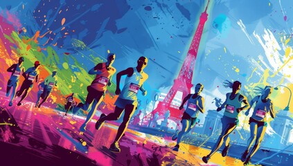 Fototapeta premium illustration of people running in a Paris half marathon, with the Eiffel Tower and a cityscape background, colorful splashes, dynamic poses Generative AI