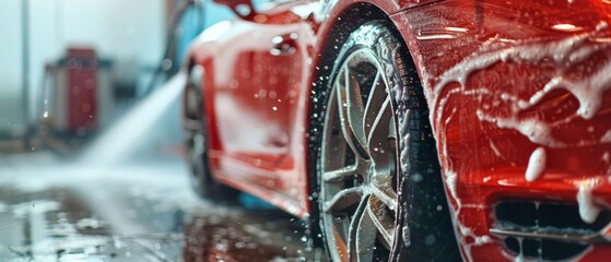 Professional Vehicle Detailer Washes Away Smart Soap and Foam with Water High Pressure Washer. Close-up of a Red Performance Car Getting Treatment by a Professional Vehicle Detailer - obrazy, fototapety, plakaty