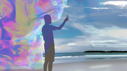 Creative portrait of a man with bubble  on a beach