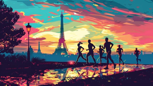 Mimalscapes illustration of people running in Paris, with the Eiffel Tower in the background, in the style of a sports team logo with vibrant colors Generative AI