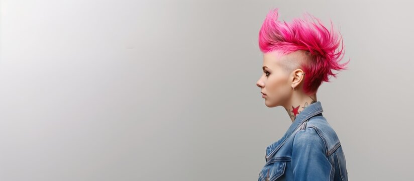Profile portrait young woman pink mohawk blue denim jacket, copy space, fashion concept.