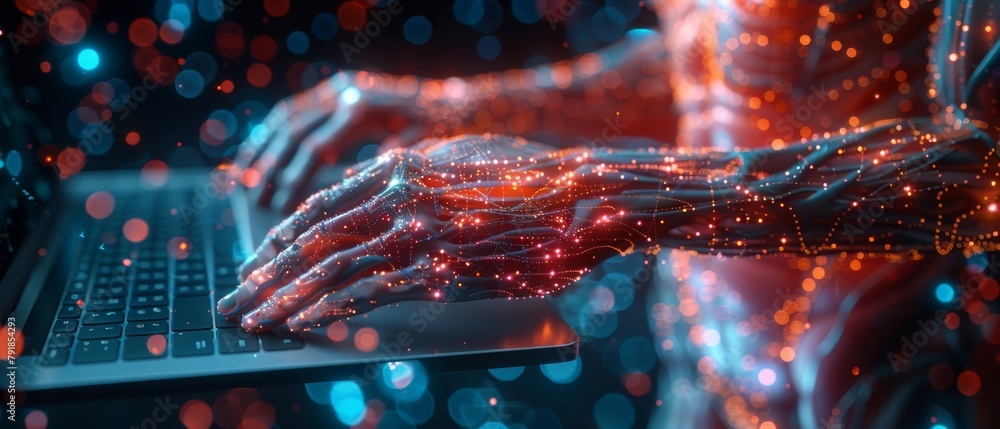 Poster chatbot and artificial intelligence concept. a person using a laptop chatting with artificial intell