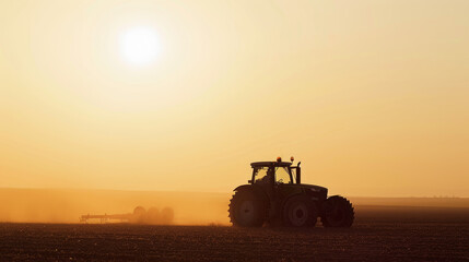Fototapeta premium A minimalist view of a tractor's silhouette at sunrise, with soft morning light. 