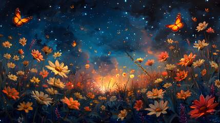 Fototapeta na wymiar Glowing Garden Symphony: Bioluminescent Butterflies Dance Among Radiant Flowers