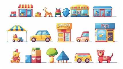 Illustration of a toy store kid gift. Clipart set with toys such as a car, teddy bear, cube, and puppy isolated on white. Toyshop element for apps focused on learning and education.