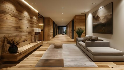 Contemporary wooden hallway decor with cozy furniture and modern design elements. Concept Hallway Decor, Wooden Furniture, Contemporary Design, Cozy Ambiance, Modern Elements