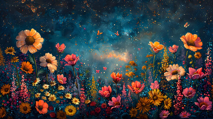 Fototapeta na wymiar Starry Night Illumination: Bioluminescent Garden Magic with Dancing Butterflies