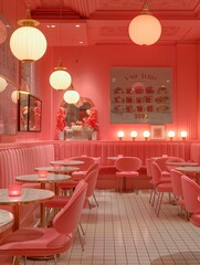 Retro Pink Diner Interior with Lanterns and Booth Seating