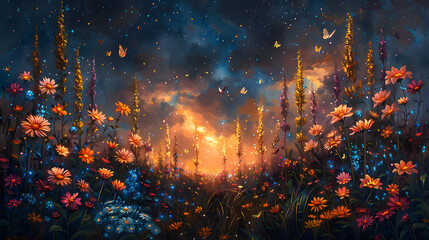 Luminous Dreamscape: Ethereal Butterflies Amid Radiant Flowers and Twinkling Stars