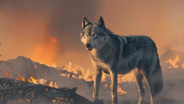 Lone wolf standing amid a fiery backdrop in a devastated landscape, symbolizing wilderness resilience in the face of environmental destruction, concept of survival.
