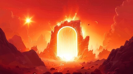 Infernal cosmic ground and star in sky. Aura effect in hell gate. Fantasy magic game portal cartoon red landscape. - obrazy, fototapety, plakaty