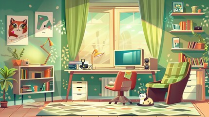 A teen teen's study desk with a computer, monitor, poster, goblet, armchair and a computer for studying. An illustration of a streaming setup teenage flat illustration with a computer and webcam.