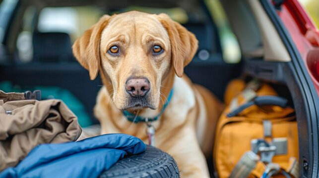 Domestic dog sitting in the car trunk. Family vacation.