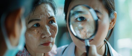 The portrait is of a young Asian Dermatologist using a magnifying glass as he inspects the skin of a senior patient during a health check-up in a clinic. The doctor works in a hospital.