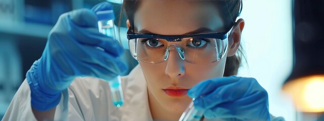 A female scientist working in the laboratory using test tubes and pipettes for research