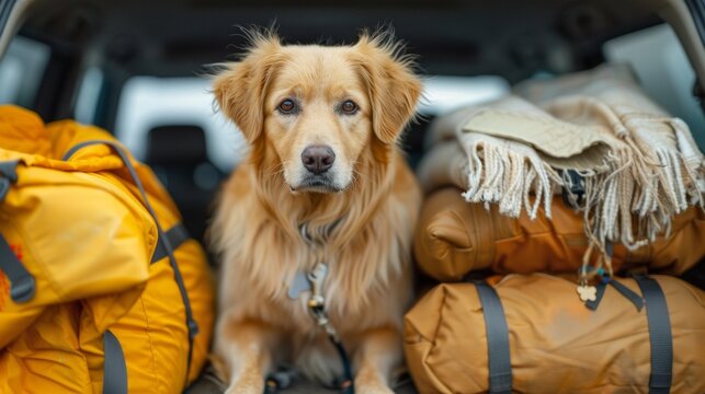 Domestic dog sitting in the car trunk. Family vacation.
