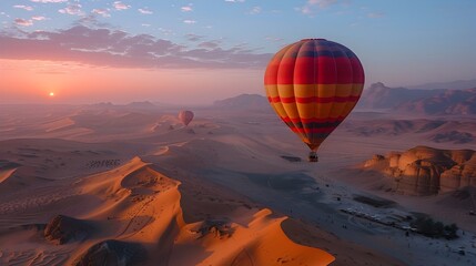 Soaring Over Dreamlike Desert Dunes at Sunset in an Adventurous Hot Air Balloon Excursion