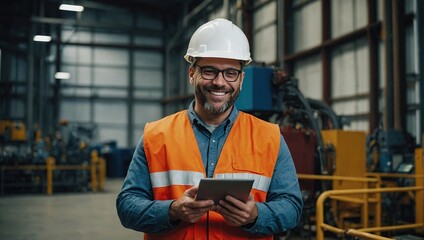 Smiling Engineer Using Tablet in Industrial Facility