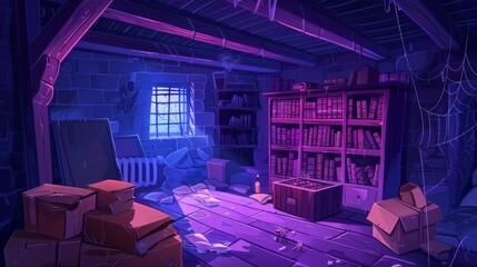 The abandoned old room with furniture and stuff. Modern cartoon illustration of a mysterious nighthouse with cobwebs on the walls, dusty books on the shelves of vintage book cases, and packed moving - obrazy, fototapety, plakaty