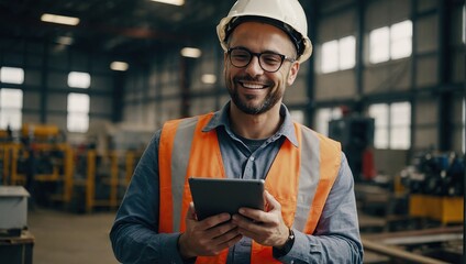 Smiling Engineer Using Tablet in Industrial Facility