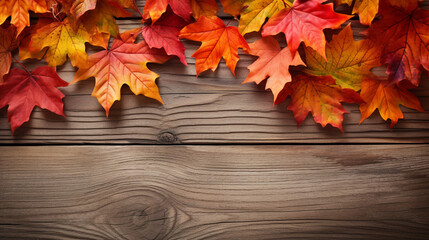 Naklejka na ściany i meble fall maples leaves border on an old wood background сreated with Generative Ai