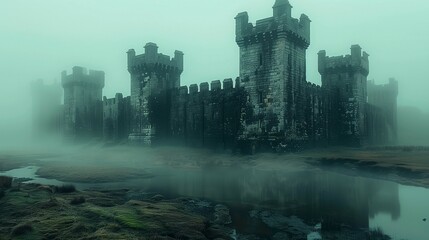 Enigmatic Foggy Fortress in England, generative ai
