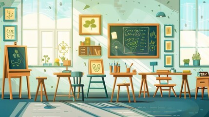 Detailed modern illustration of an art classroom interior with furniture and painting equipment. Sketches on the whiteboard, drawings on the floor, a picture on the walls.