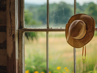 A minimalist view of a farmers hat hanging on a hook with a blurred field through a window