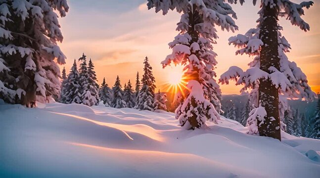 Winter landscape wallpaper with pine forest covered with snow and scenic sky at sunset Snowy fir tree in beauty nature scenery