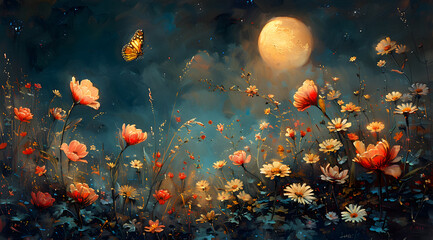 Obraz na płótnie Canvas Night's Radiance: Translucent Wings and Sparkling Petals in Moonlight Garden