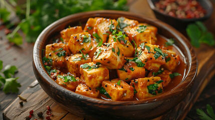 Indian Mutter paneer dish with spices on the wooden background - obrazy, fototapety, plakaty