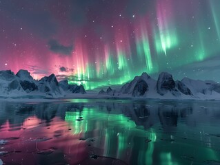 Captivating Aurora Borealis over Icy Arctic Fjords and Rugged Mountainous Landscapes - obrazy, fototapety, plakaty