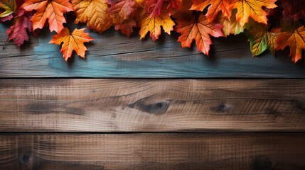 fall maples leaves border on an old wood background сreated with Generative Ai