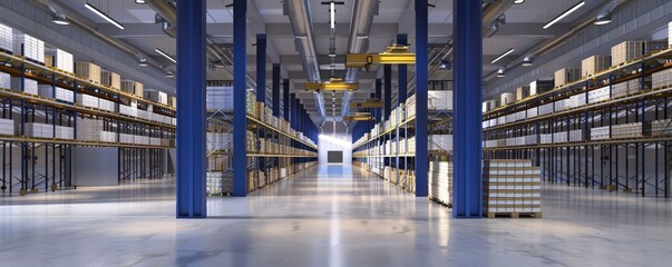 A large warehouse with high metal shelves filled with boxes and pallets containing goods