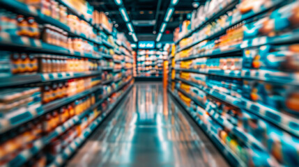 A grocery store with aisles and products all blurred, focusing on the concept of abundance and choice