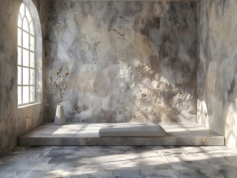 Moody Concrete and Stone Room with Arched Window in Rustic Interior