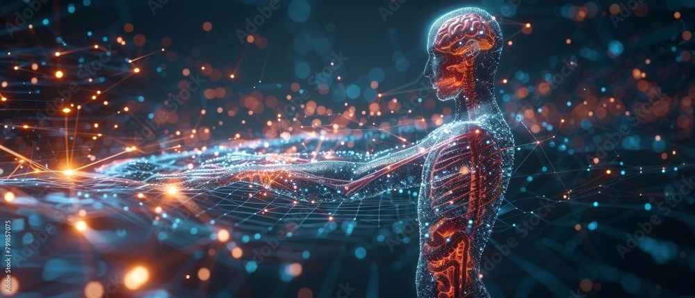 Poster artificial intelligence, digital transformation technology strategy. businessman using laptop workin