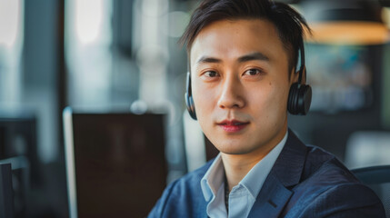 Closeup Portrait of a professional chinese man dressed in an elegant suit working as a call center manager, looking in the camera