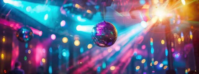A lively nightclub with vibrant lights and people dancing under the disco ball, creating an energetic atmosphere.