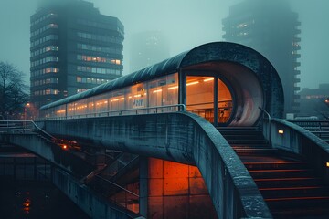 Futuristic Elevated Train Passing Through Foggy City Skyline at Night - obrazy, fototapety, plakaty
