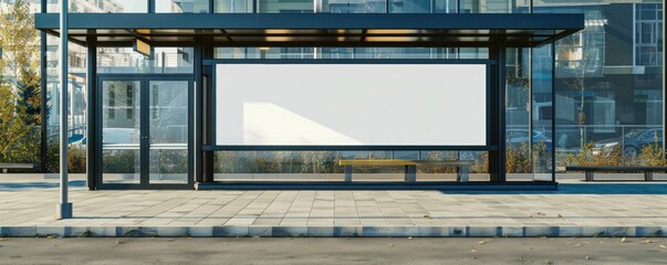 an empty blank white digital poster on the glass front wall of modern bus stop on sunny day