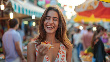 A woman sampling street food at a lively outdoor market, her expression one of pure enjoyment. Shallow depth of field, blurred background