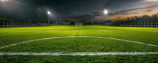 A photo of an empty soccer field, green grass, night time, lights on the side of the pitch, center circle marked with white lines, dark sky.