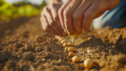 Close-up of a farmer's hands planting seeds in fertile soil