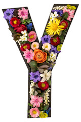 Letter Y made of real natural flowers and leaves on white background isolated.