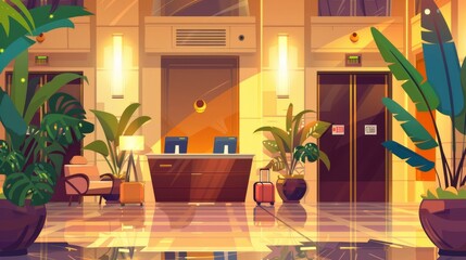 A modern hotel lobby with a computer monitor on the reception desk, a luggage trolley and green plants. Modern illustration of a large room with a computer monitor, creative illumination, an
