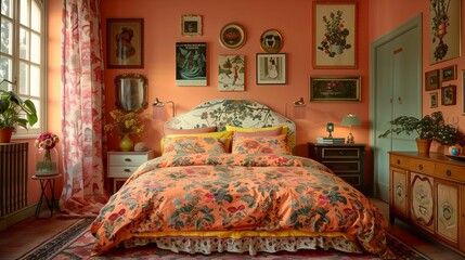 Vintage Bedroom Interior with Floral Bedding and Eclectic Decor - obrazy, fototapety, plakaty