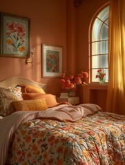 Cozy Bedroom Interior with Warm Sunlight and Floral Decor