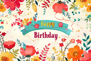 Obraz premium A vibrant birthday card design with Happy Birthday text and colorful botanical illustrations on a dark background
